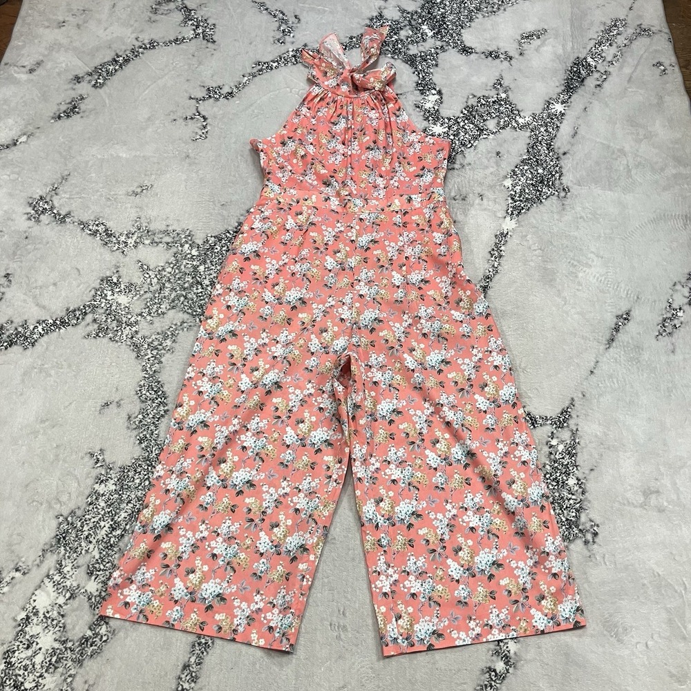 J.Crew Floral Halter Jumpsuit Womens Size 14 Wide Leg Tie Neck Pink lightweight